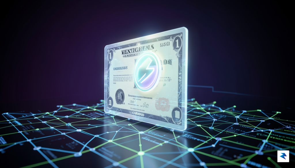 A conceptual 3D render showing a traditional stock certificate morphing&hellip;