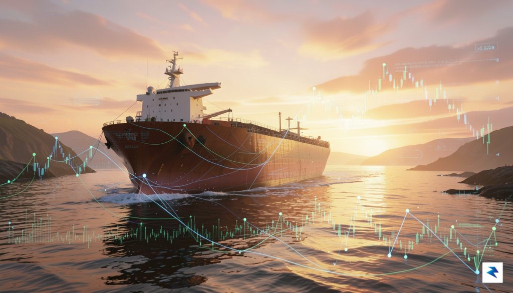 A wide-angle digital illustration showing a massive oil tanker navigating&hellip;
