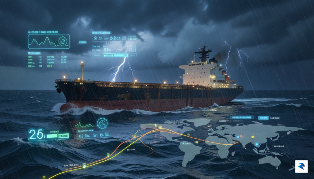 A wide-angle digital illustration showing a massive oil tanker navigating&hellip;