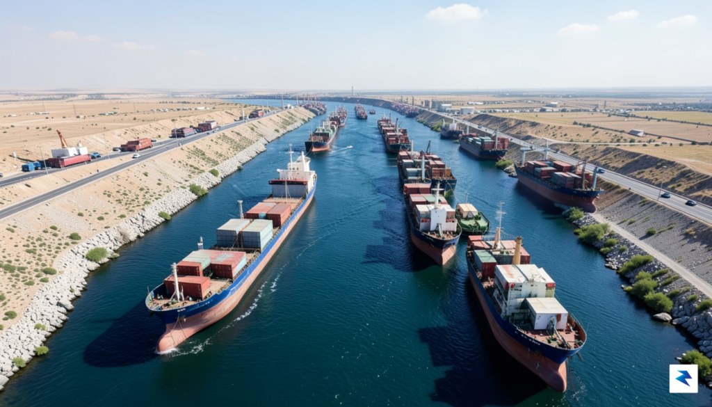 An aerial view of a heavily trafficked maritime chokepoint, perhaps&hellip;