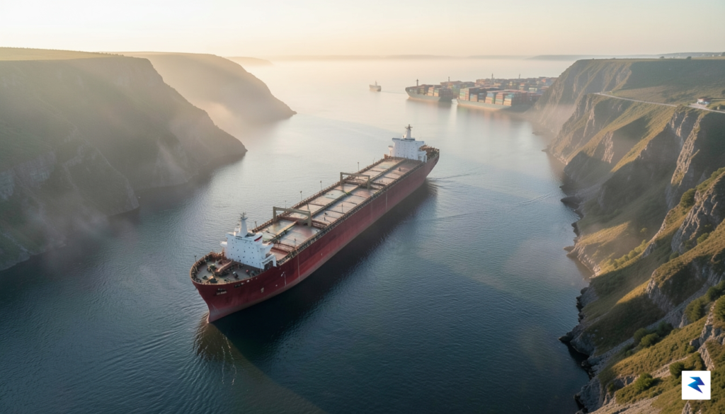 A wide-angle aerial shot of a massive oil tanker navigating&hellip;