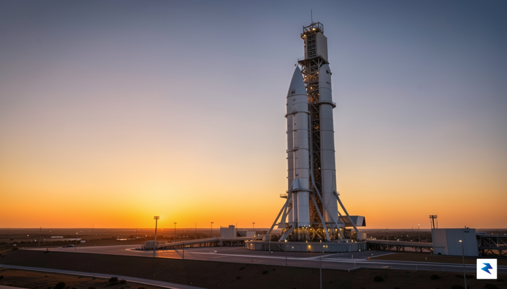 A wide-angle, cinematic shot of the Starship launch stack on…