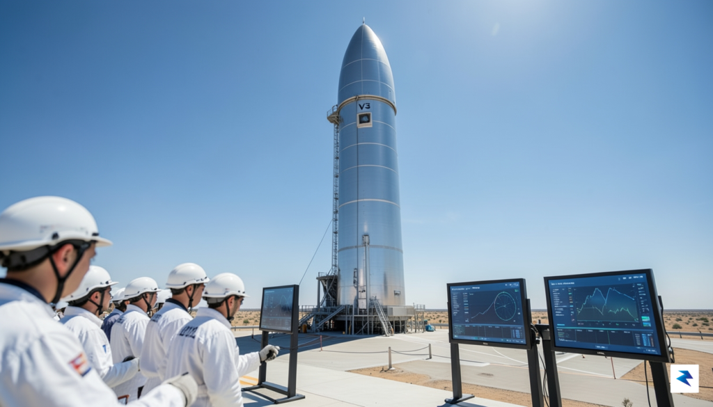 A wide-angle, high-resolution photograph of the Starship V3 rocket sitting…