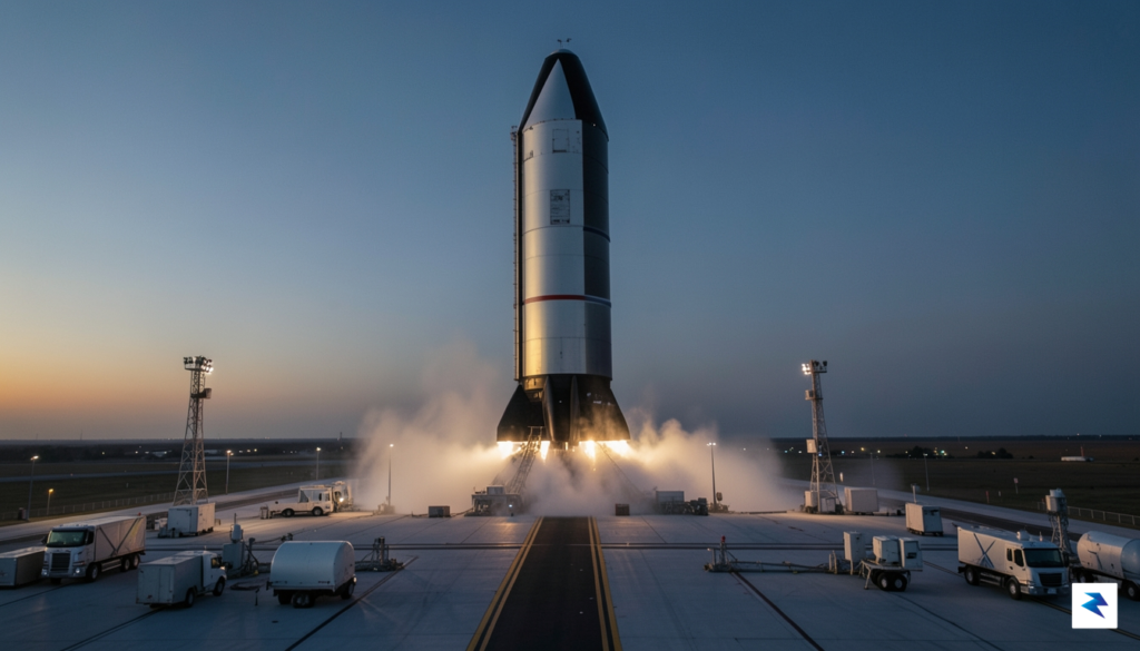 A high-resolution, wide-angle shot of a SpaceX Starship rocket sitting…