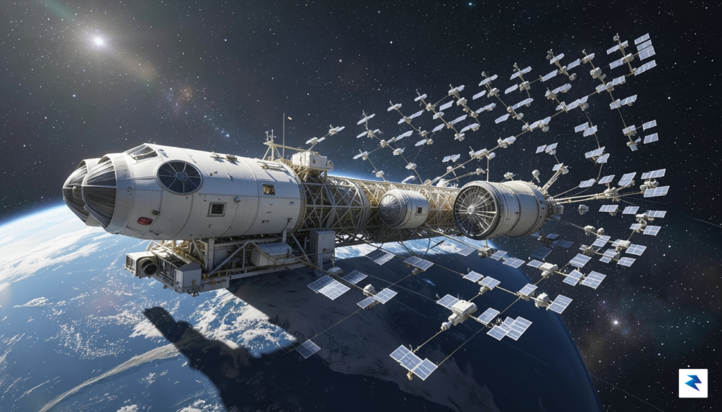 A wide-angle digital illustration showing the Starship launch vehicle docked&hellip;