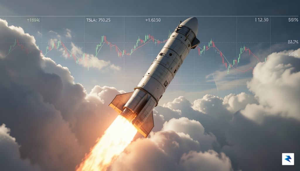 A digital visualization of a glowing SpaceX Starship rocket ascending&hellip;