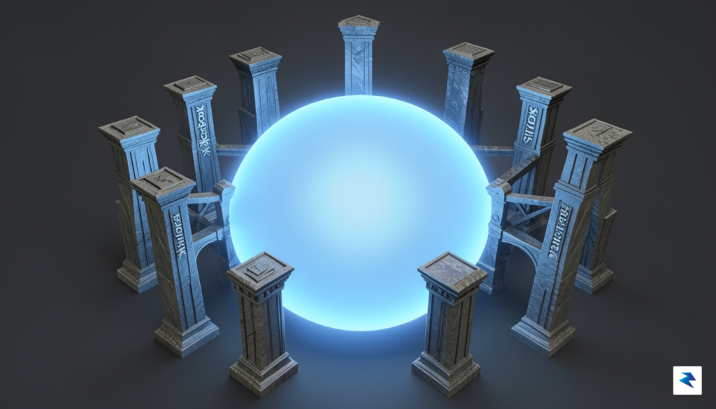 A conceptual digital visualization showing a large, glowing blue circle…