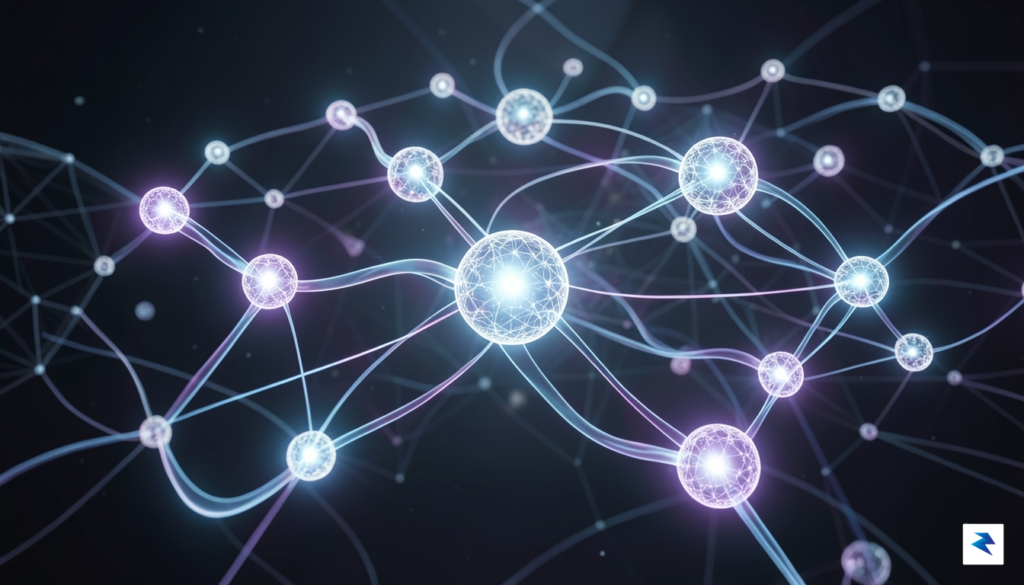 A conceptual digital illustration showing a decentralized network of interconnected…
