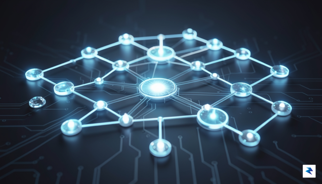 A sleek, futuristic digital visualization showing a network of interconnected…
