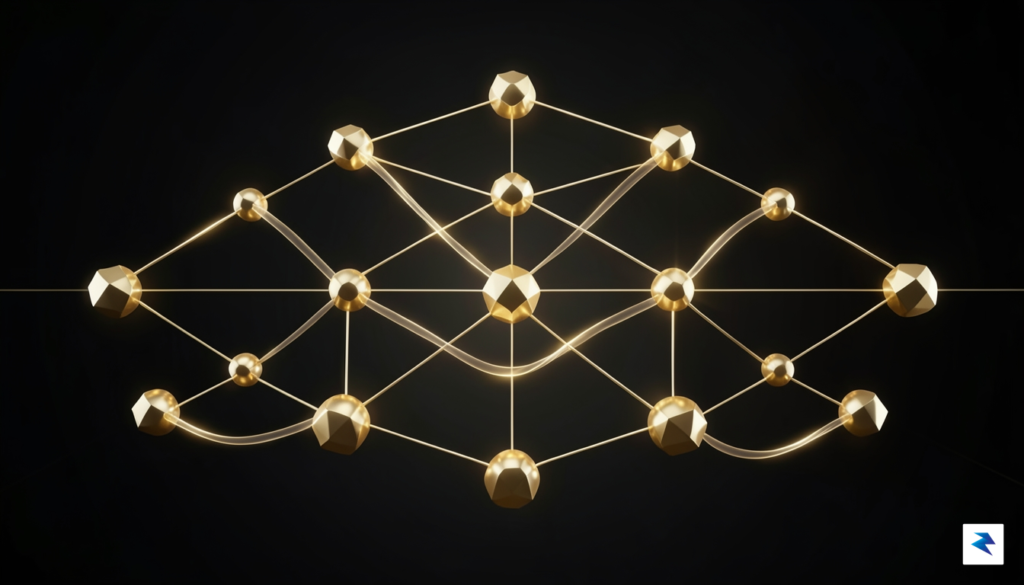 A conceptual digital art piece showing a network of golden…