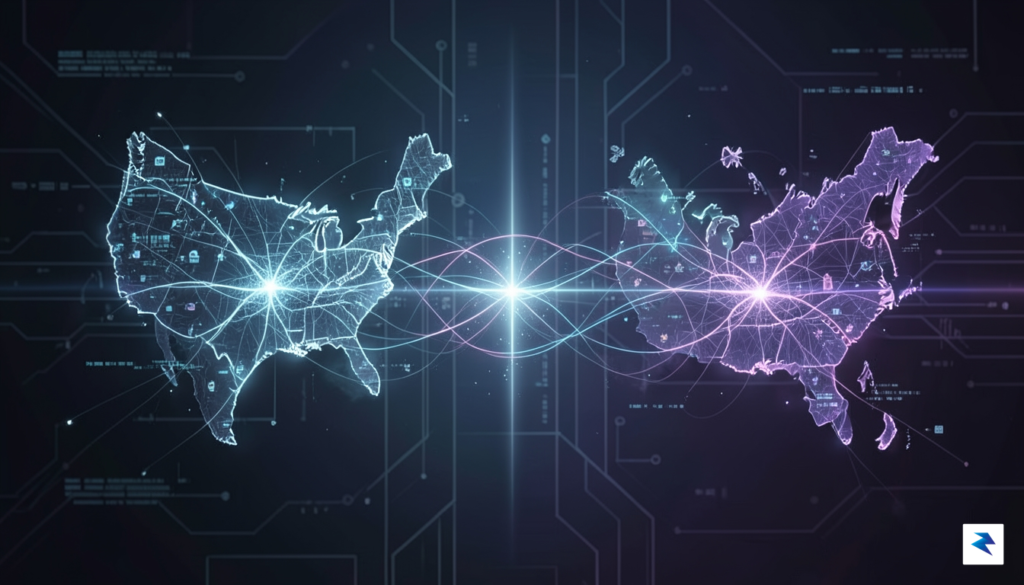 A digital conceptual illustration showing two glowing, interconnected neural networks…