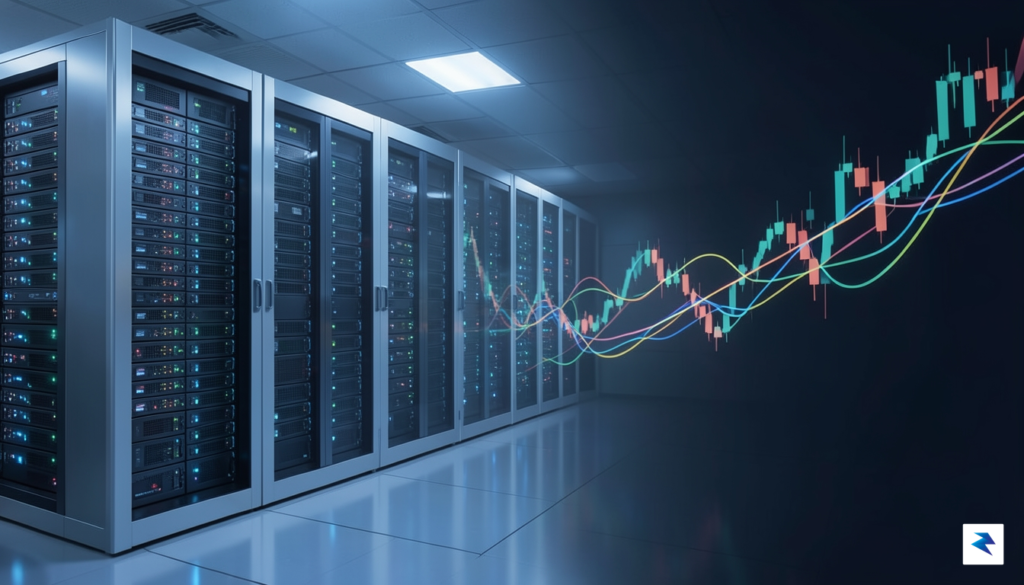 A wide-angle digital illustration showing a futuristic, glowing server room…