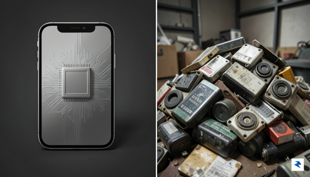 A conceptual split-screen illustration showing a sleek, modern smartphone chip…