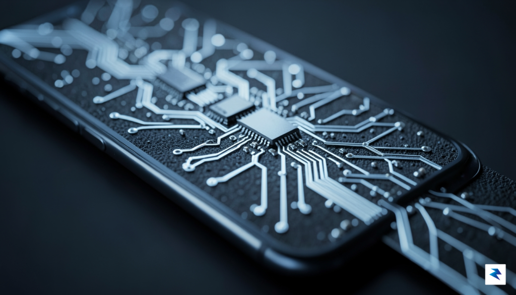 A close-up, high-tech macro shot of a smartphone motherboard with…