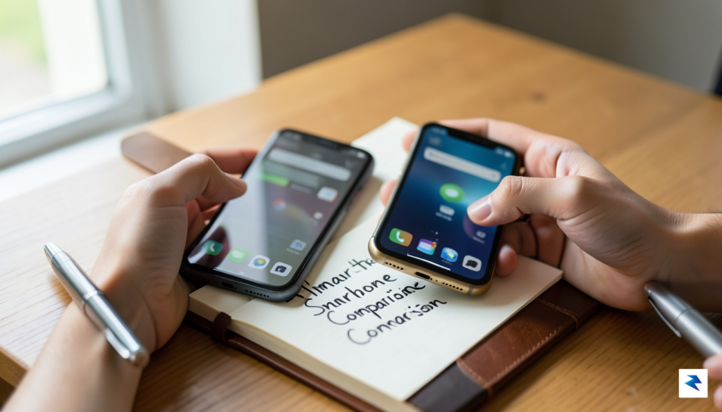 A close-up, high-resolution shot of a person comparing two smartphones…
