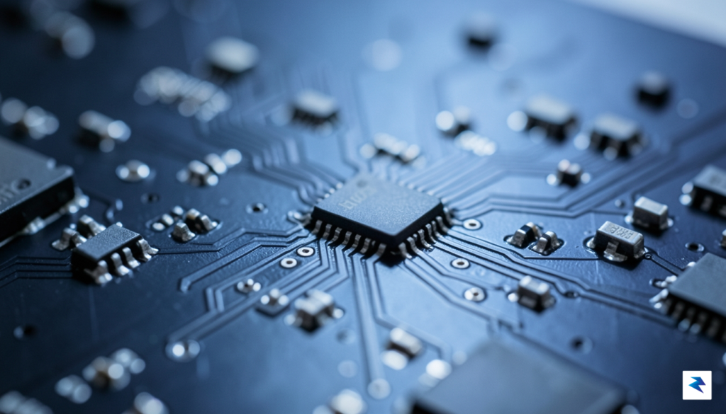 A close-up, macro-style photograph of tiny silicon memory chips on…