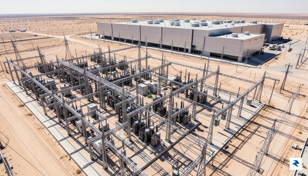 An overhead aerial view of a sprawling, metallic electrical substation…