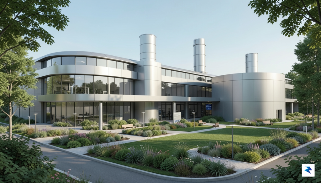 A sleek, futuristic data center complex integrated with a clean-energy…