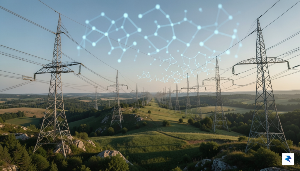 A wide-angle, cinematic photograph of a vast, sprawling high-voltage electrical…