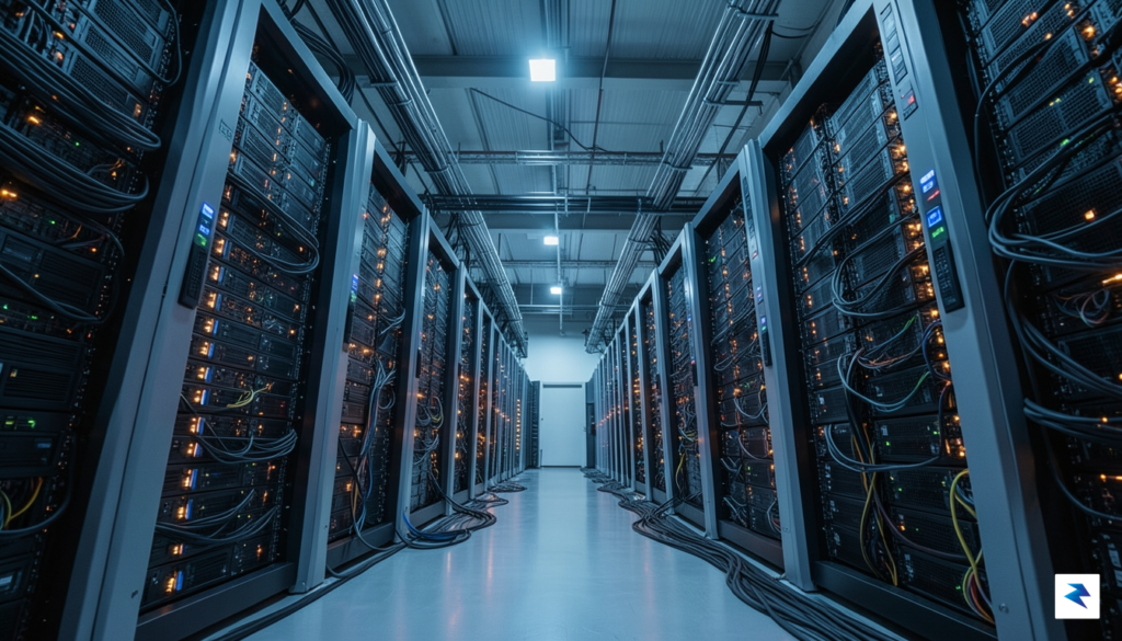 A wide-angle, cinematic photograph of a massive, glowing server farm…