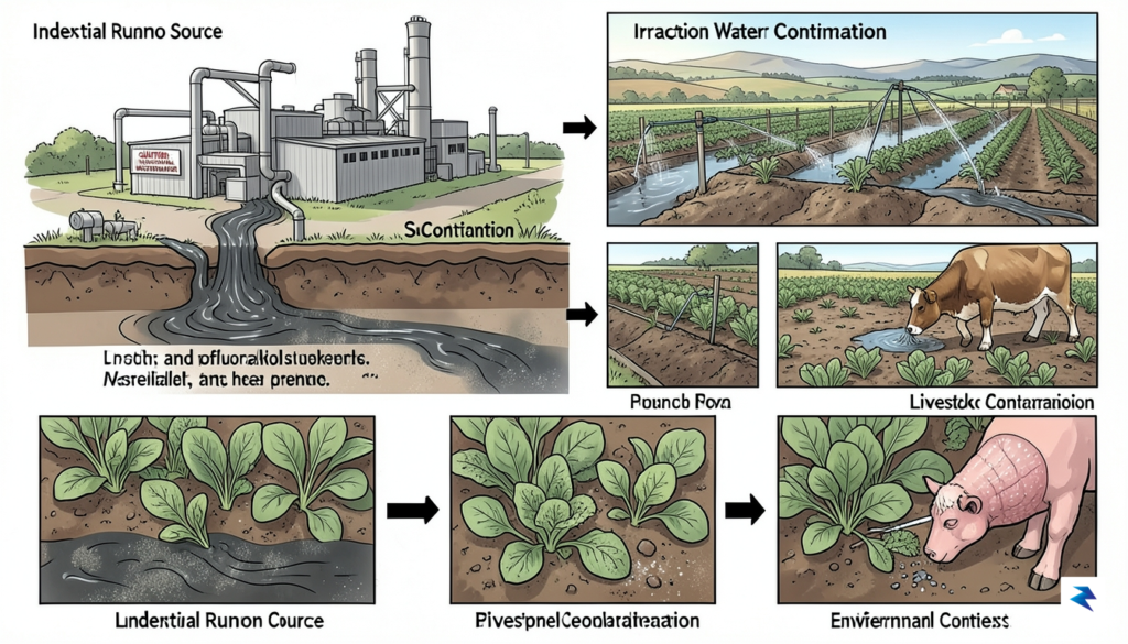 A detailed scientific illustration showing the movement of PFAS chemicals&hellip;