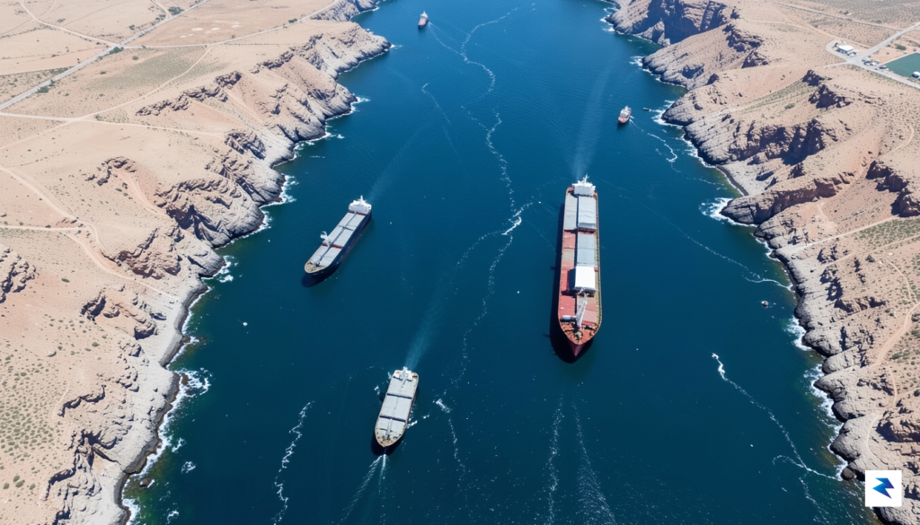 An overhead satellite view of the Strait of Hormuz showing&hellip;