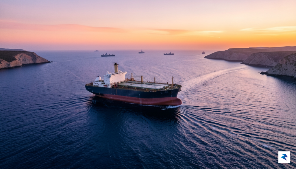 A wide-angle aerial view of a massive oil tanker navigating&hellip;
