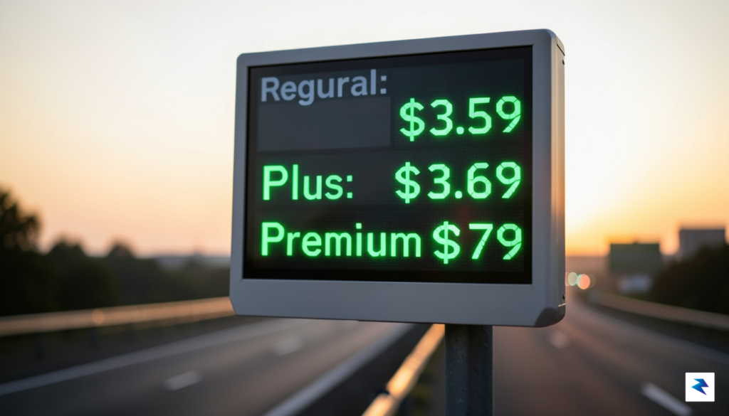A close-up, high-resolution photo of a digital gas station price&hellip;