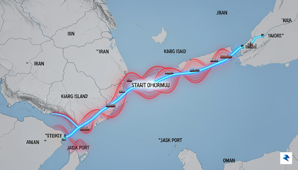 A digital map visualization showing the Strait of Hormuz with…