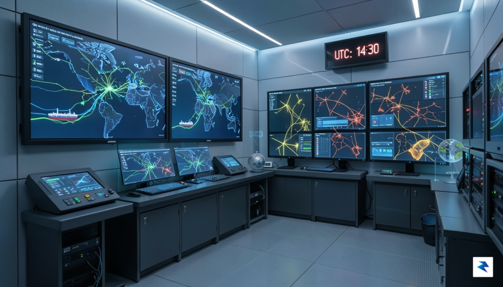 A modern, high-tech energy control room displaying global oil transit…