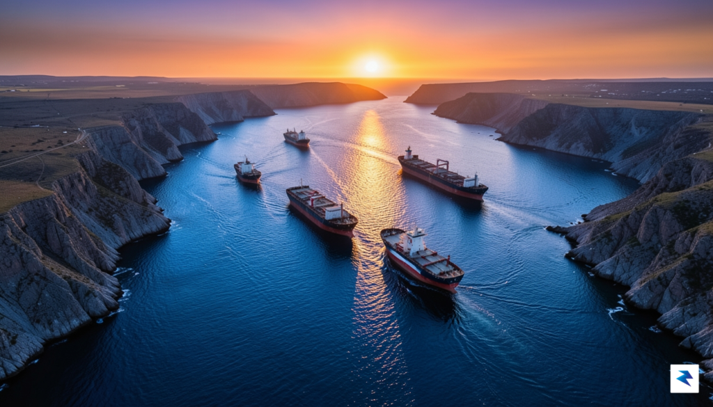 A high-angle aerial view of the Strait of Hormuz at…