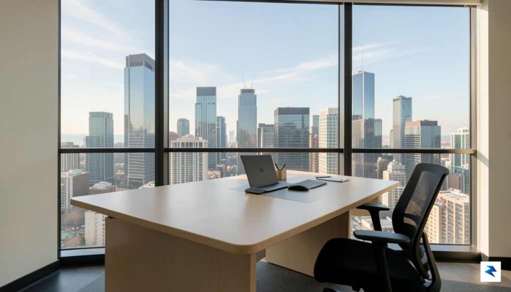 A wide-angle photograph of an empty, modern office desk with…