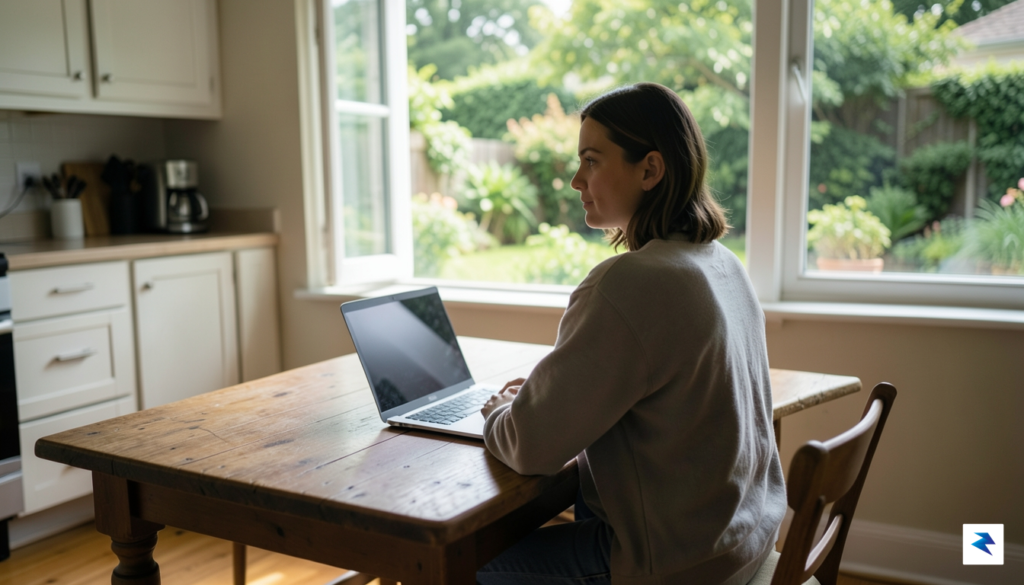 A candid, high-resolution photograph of a person sitting at a…