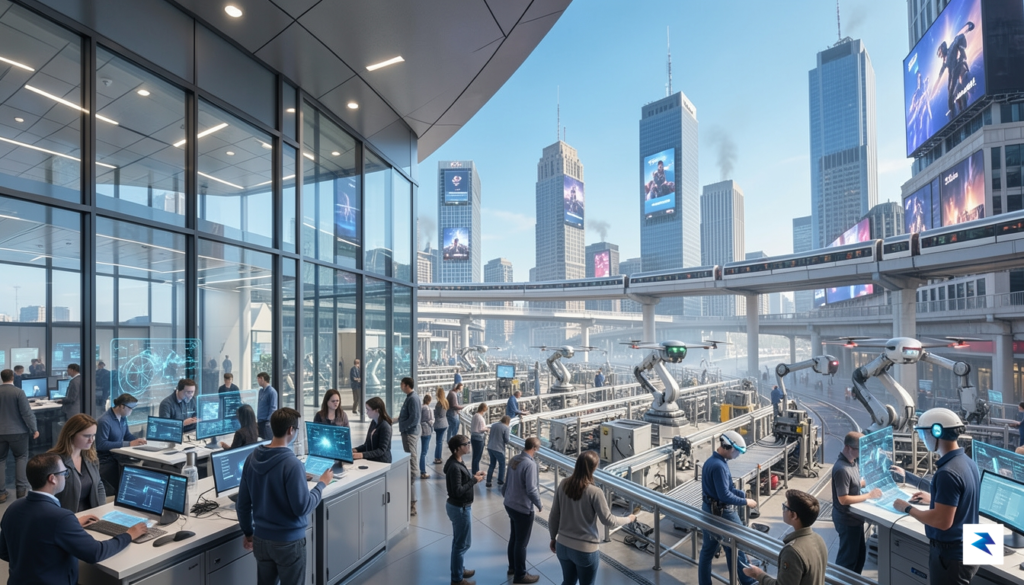 A wide-angle digital illustration showing a futuristic, bustling U.S. cityscape…