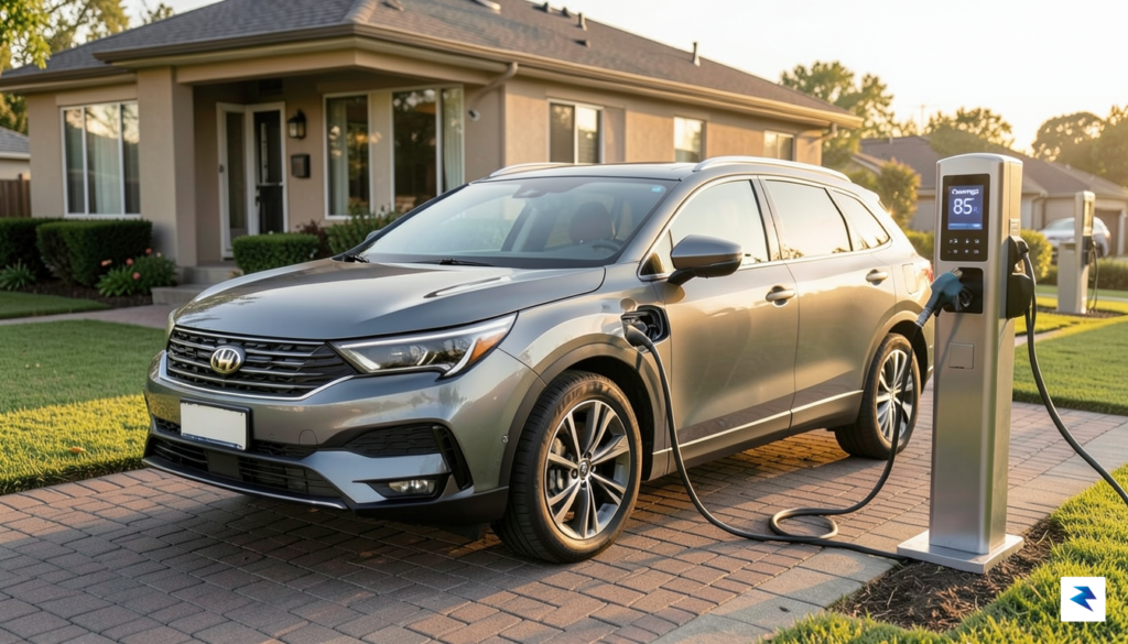 A sleek, modern hybrid SUV parked at a charging station…