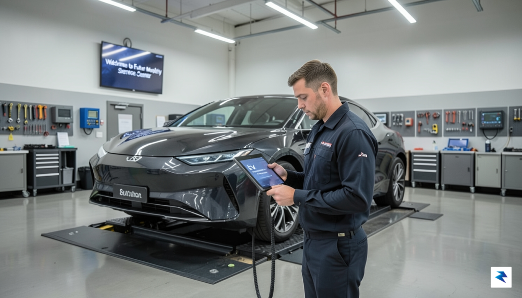 A high-resolution, professional photograph of a technician using a specialized…