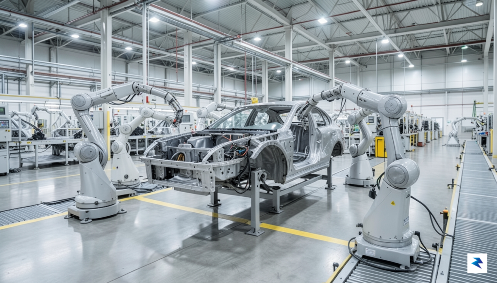 A wide, high-definition professional photograph of an assembly line in…