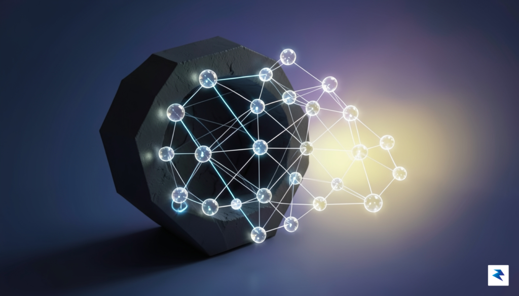 A conceptual digital illustration showing a complex, glowing network of&hellip;
