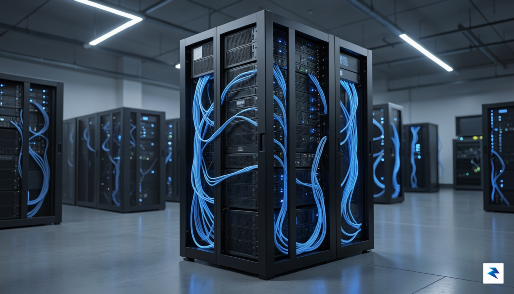 A sleek, modern data center server rack with glowing blue&hellip;