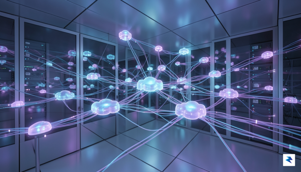 A clean, futuristic data center visualization showing interconnected nodes of&hellip;