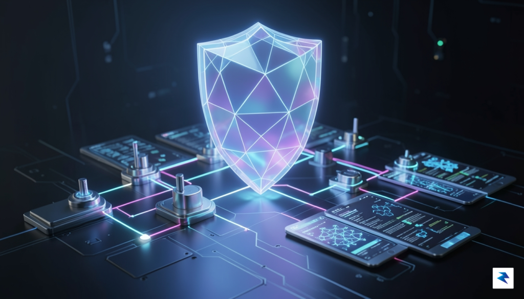 A conceptual digital visualization of a transparent, glowing geometric shield&hellip;