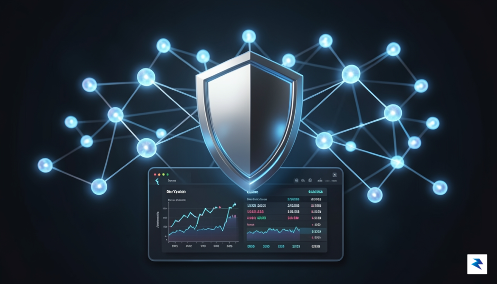A sleek, professional 3D data visualization showing interconnected glowing nodes&hellip;