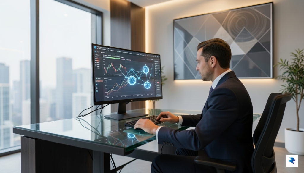 A modern, high-tech office interior featuring a professional financial advisor&hellip;