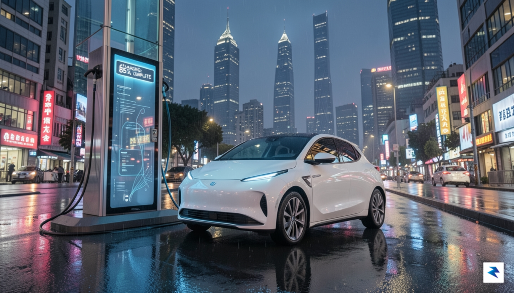 A modern, sleek electric vehicle charging at a high-tech station&hellip;