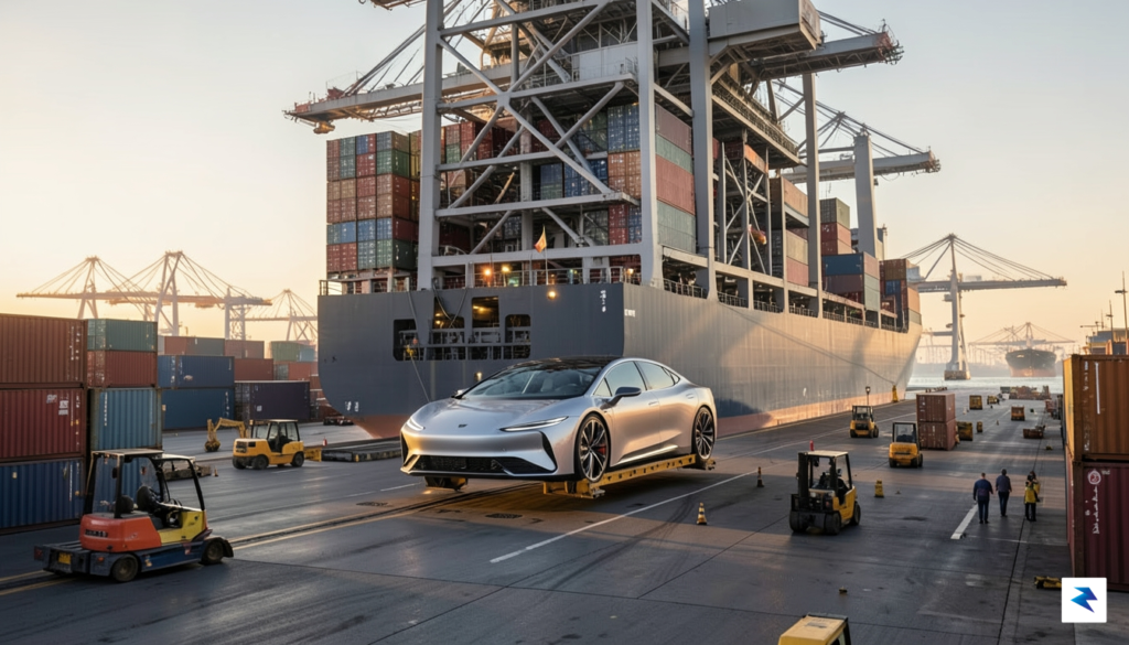 A modern, sleek electric vehicle being loaded onto a massive&hellip;