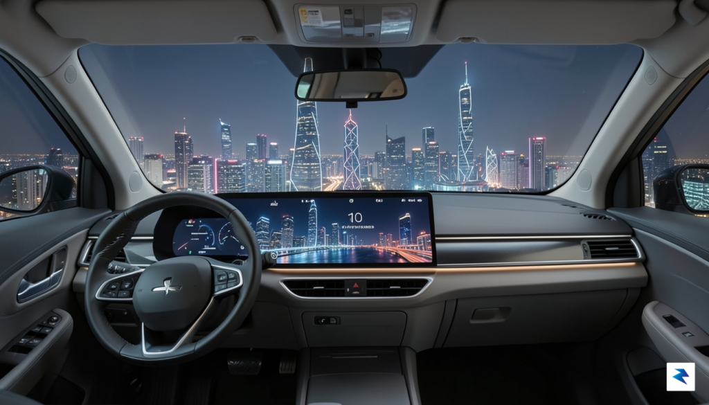 A high-tech, minimalist interior of a modern Chinese electric vehicle&hellip;