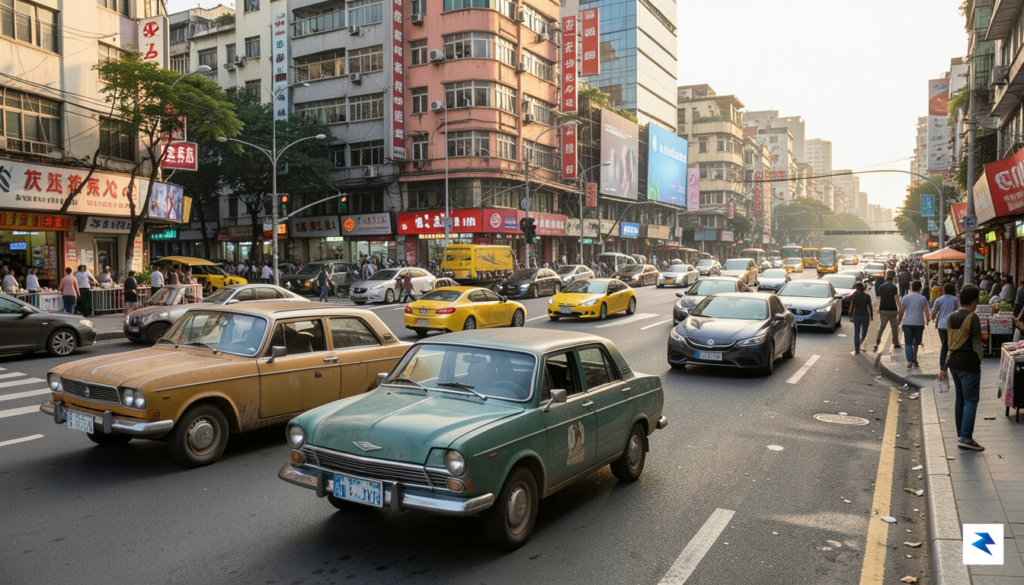 A wide-angle, high-resolution shot showing a busy Shanghai street intersection&hellip;