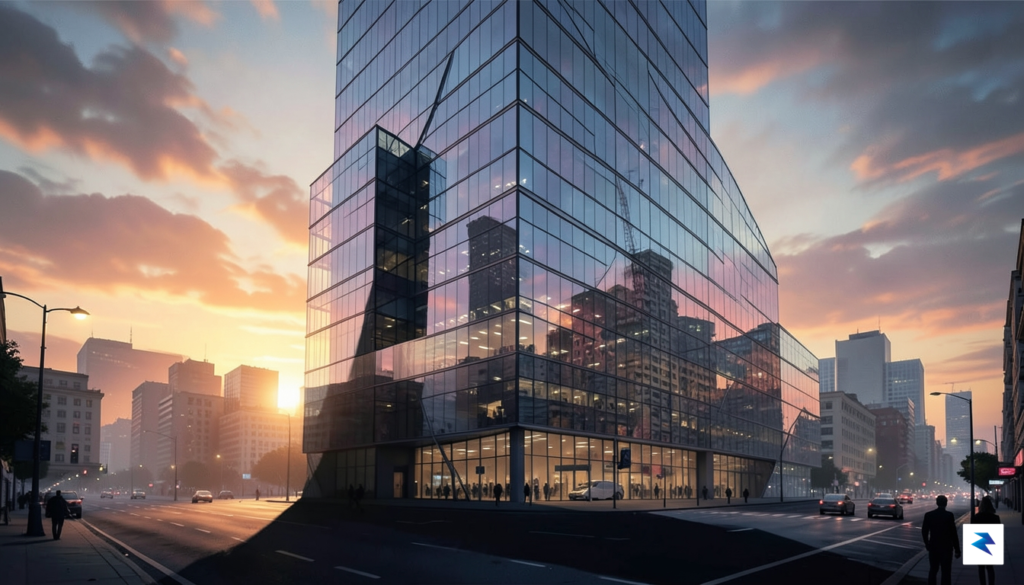 A conceptual illustration showing a large, modern glass office building&hellip;