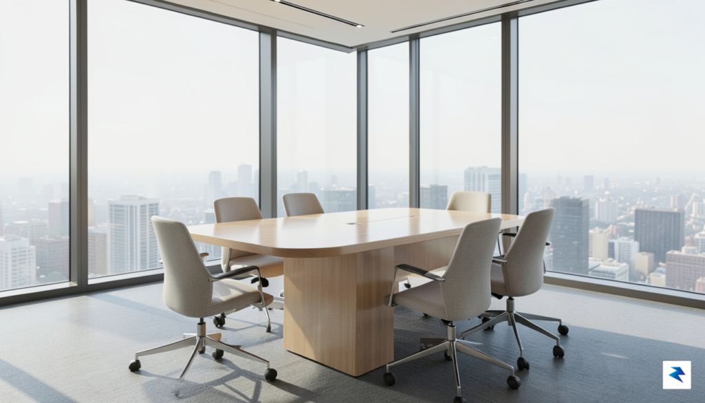 A wide-angle, cinematic shot of a modern, minimalist boardroom table&hellip;