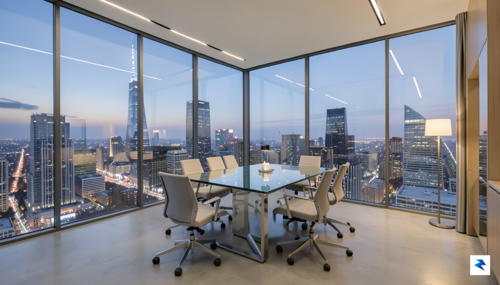 A modern, minimalist glass-walled boardroom meeting space with a view&hellip;